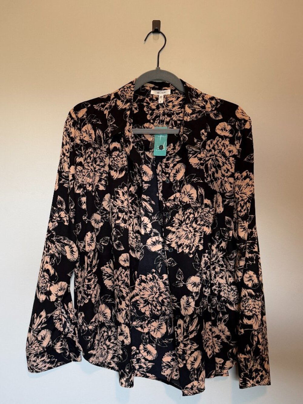 Maurices Floral Blouse Size L Black Beige Button Up Lightweight Top NWT